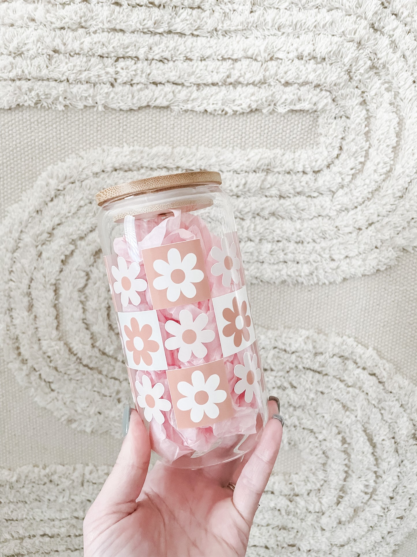 Checkered Flowers Glass Can