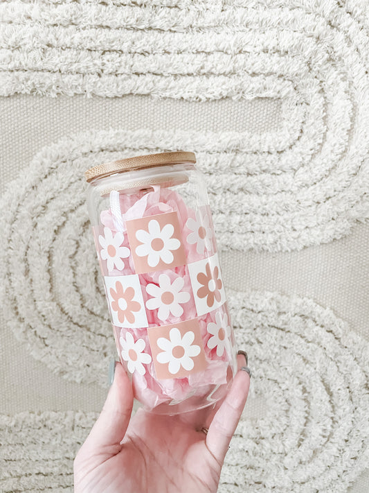 Checkered Flowers Glass Can